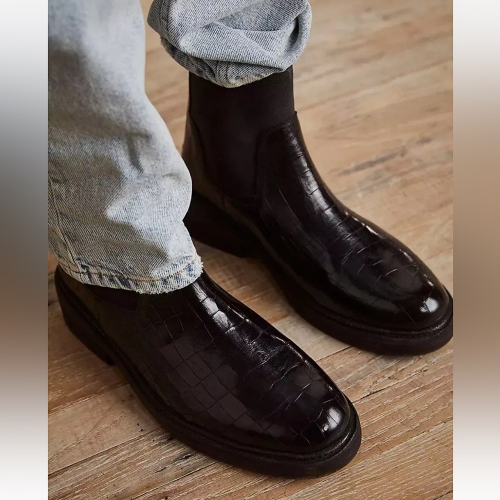 Free People Black Croc-Embossed Ankle Boots